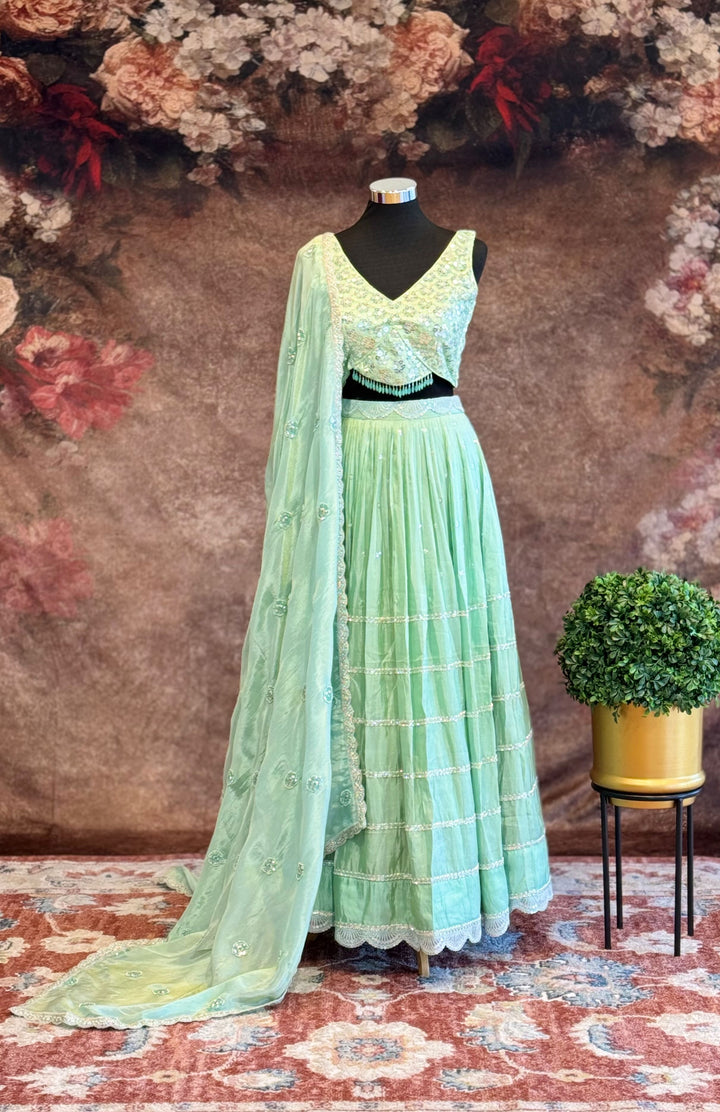 Pastel Aquamarine sequins embroidered lehenga set