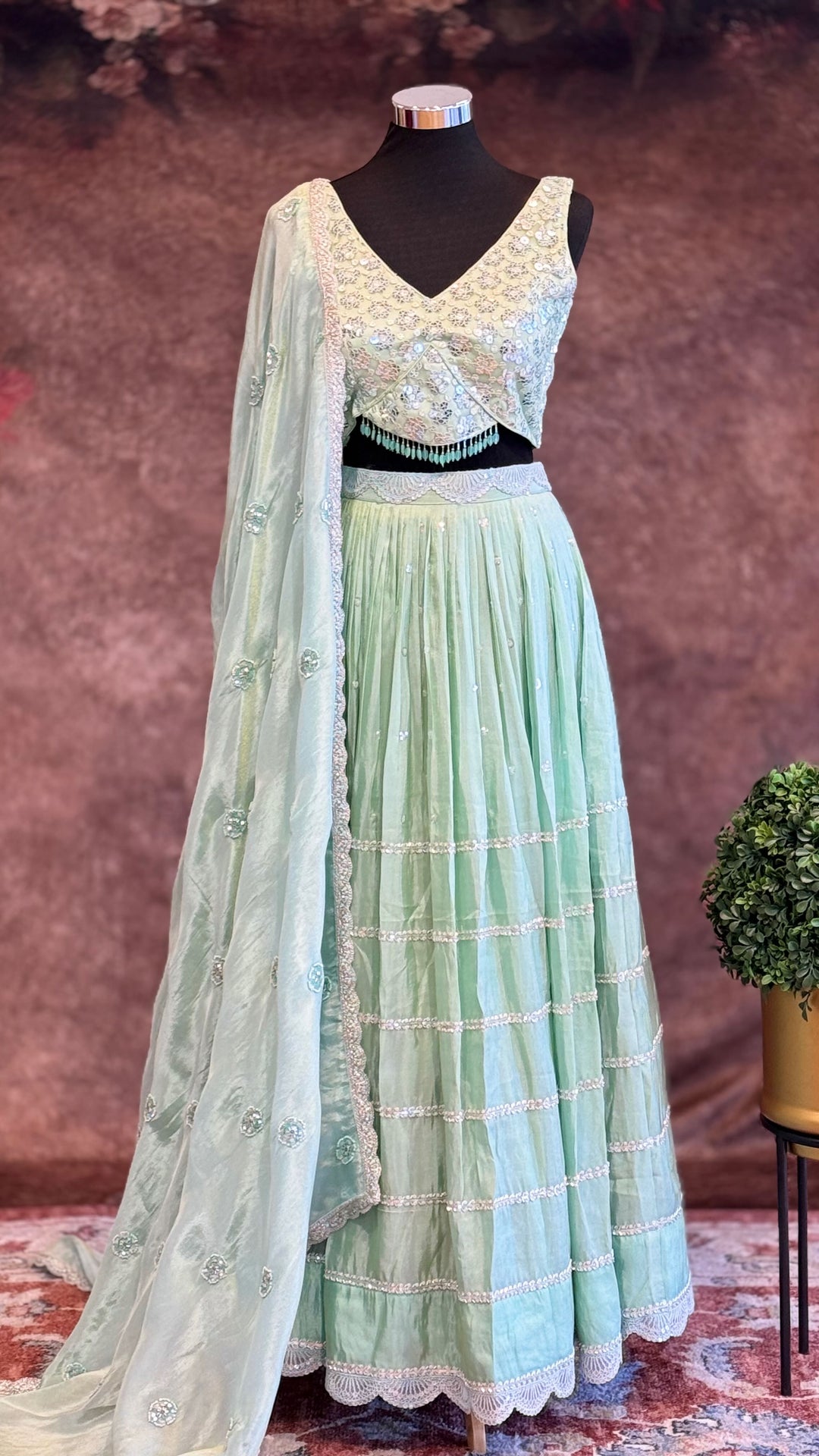 Pastel Aquamarine sequins embroidered lehenga set