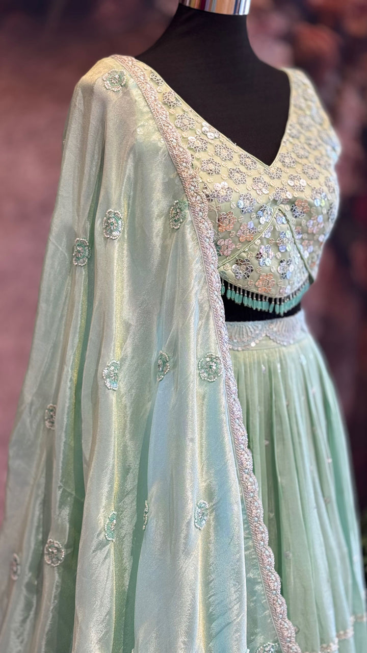 Pastel Aquamarine sequins embroidered lehenga set