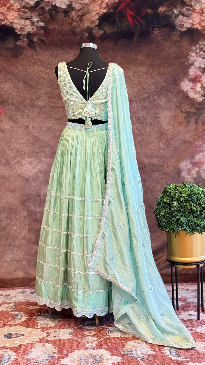 Pastel Aquamarine sequins embroidered lehenga set