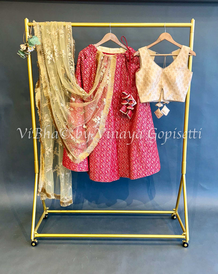 Red and Ivory Gold Banarasi Silk Lehenga