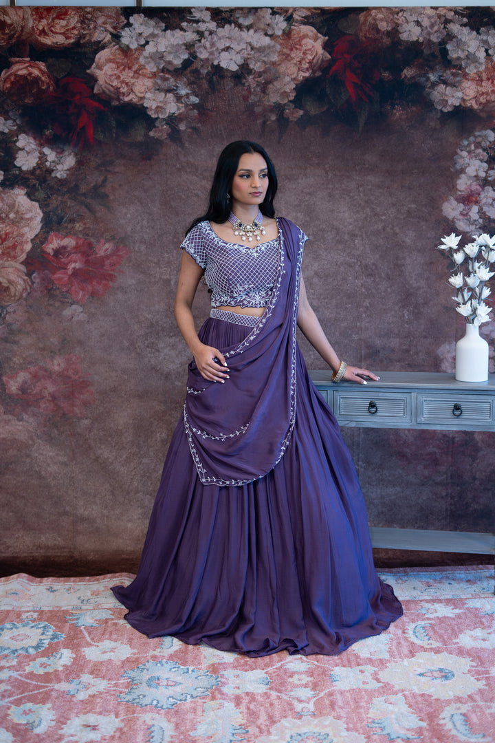 Purple Embroidered Draped Lehenga