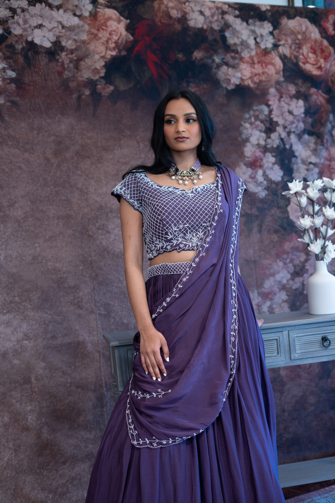 Purple Embroidered Draped Lehenga