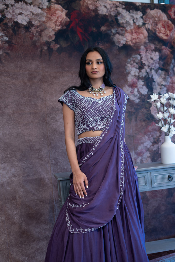 Purple Embroidered Draped Lehenga
