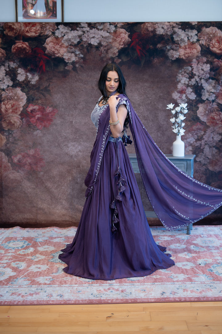 Purple Embroidered Draped Lehenga