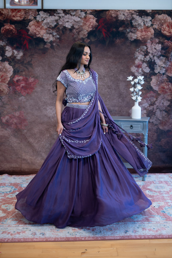 Purple Embroidered Draped Lehenga