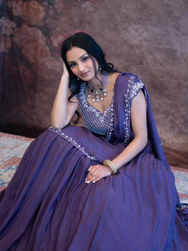 Purple Embroidered Draped Lehenga