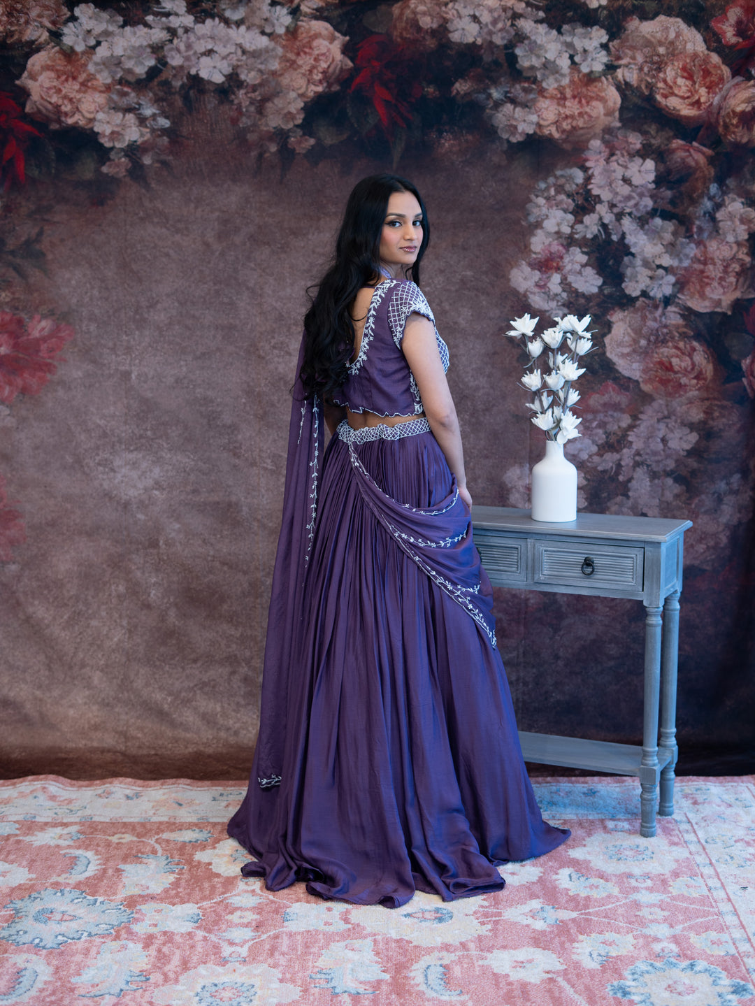 Purple Embroidered Draped Lehenga