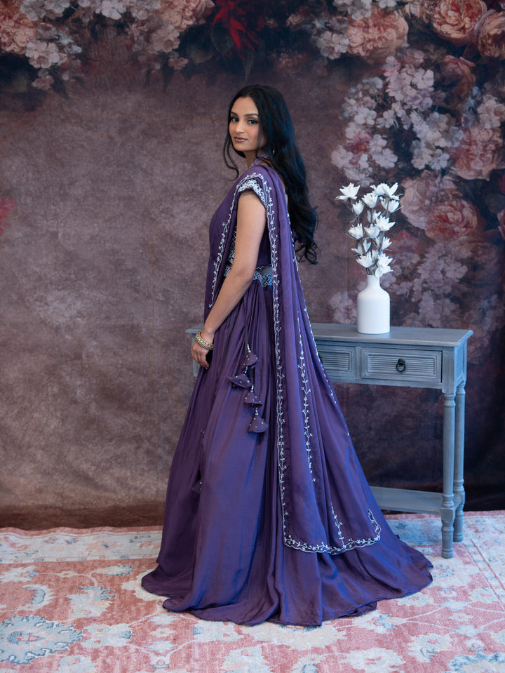 Purple Embroidered Draped Lehenga