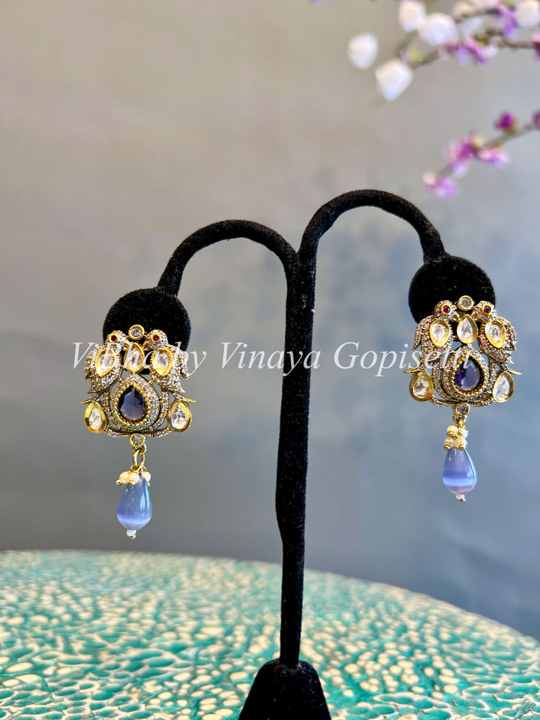 White Finish Lavender Peacock Motif Earrings