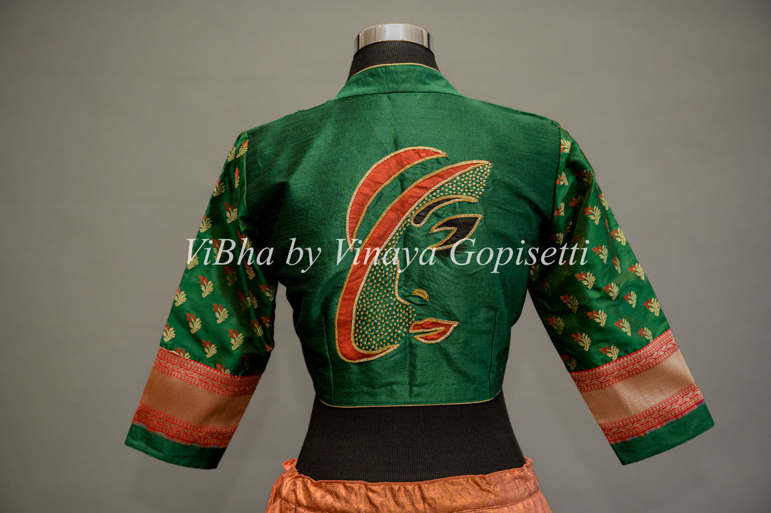 Green hand painted blouse with embroidery and benares brocade sleeves