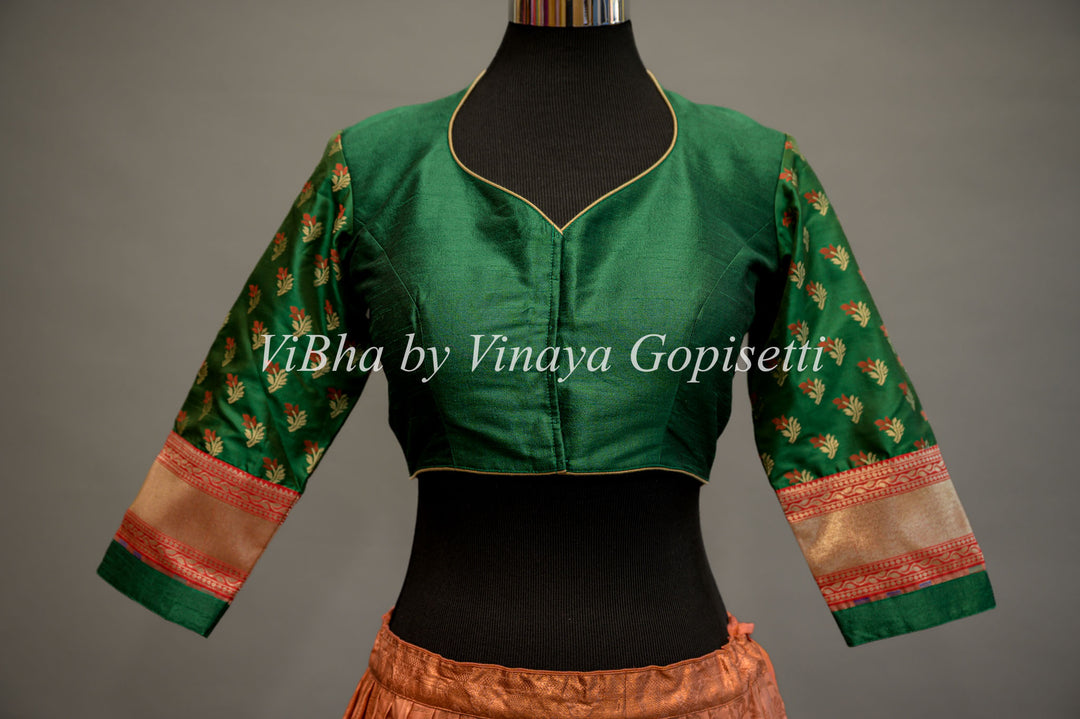 Green hand painted blouse with embroidery and benares brocade sleeves