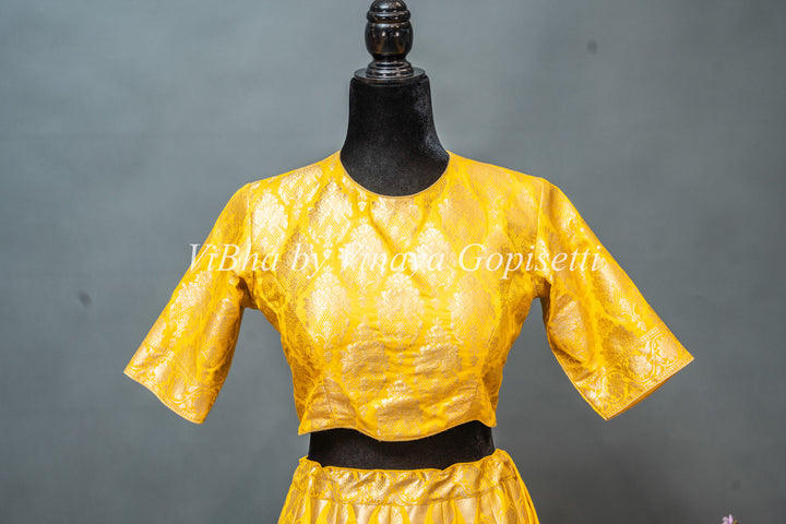 Yellow and White Banarasi Silk Lehenga With White Dupatta
