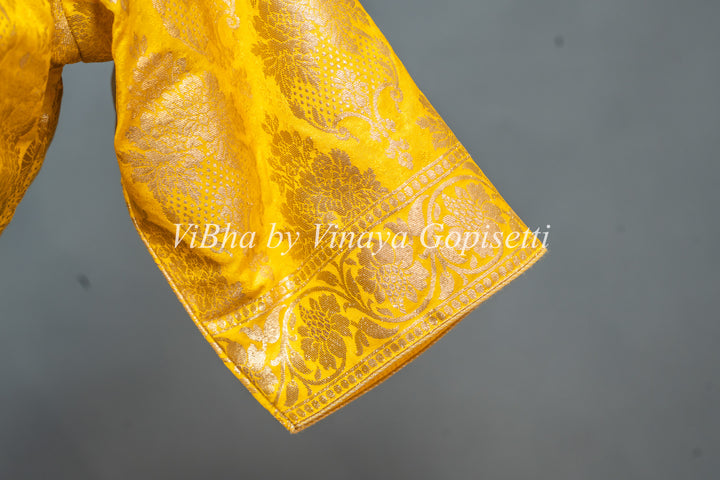 Yellow and White Banarasi Silk Lehenga With White Dupatta