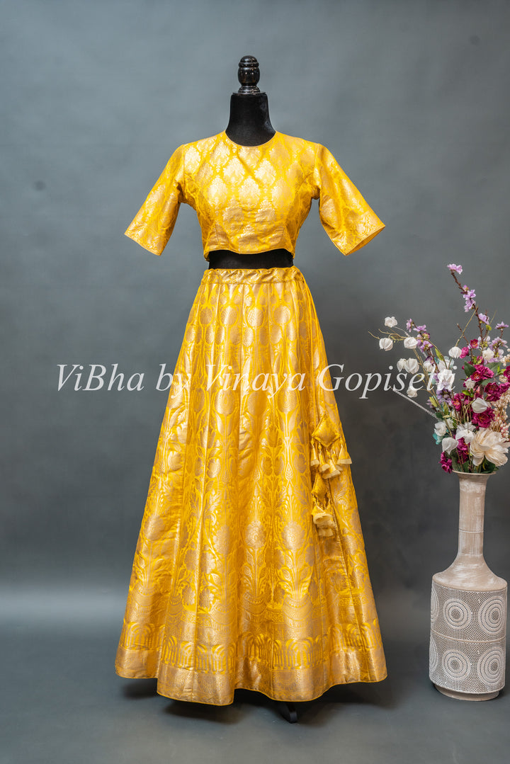 Yellow and White Banarasi Silk Lehenga With White Dupatta