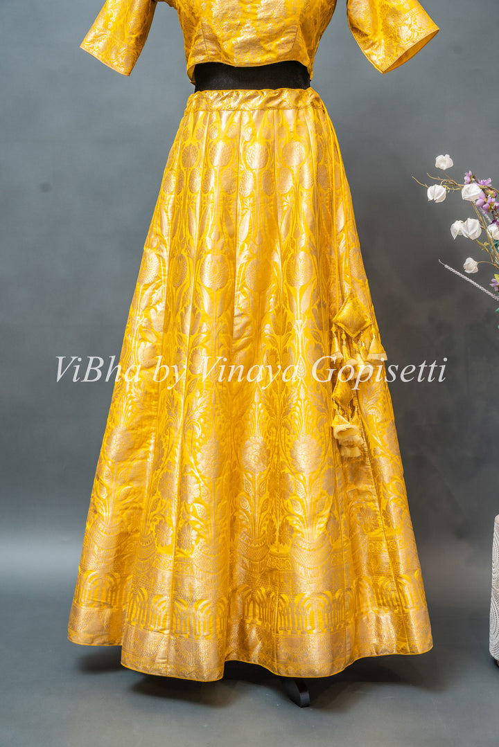Yellow and White Banarasi Silk Lehenga With White Dupatta