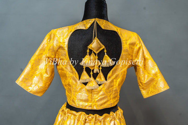 Yellow and White Banarasi Silk Lehenga With White Dupatta