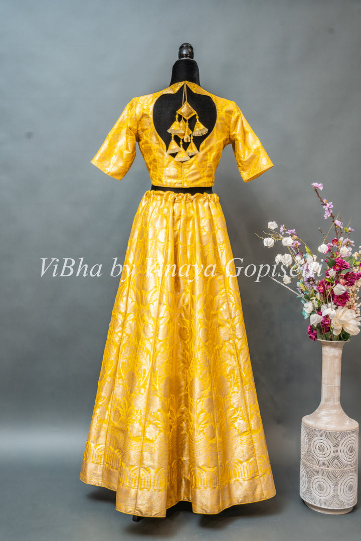 Yellow and White Banarasi Silk Lehenga With White Dupatta