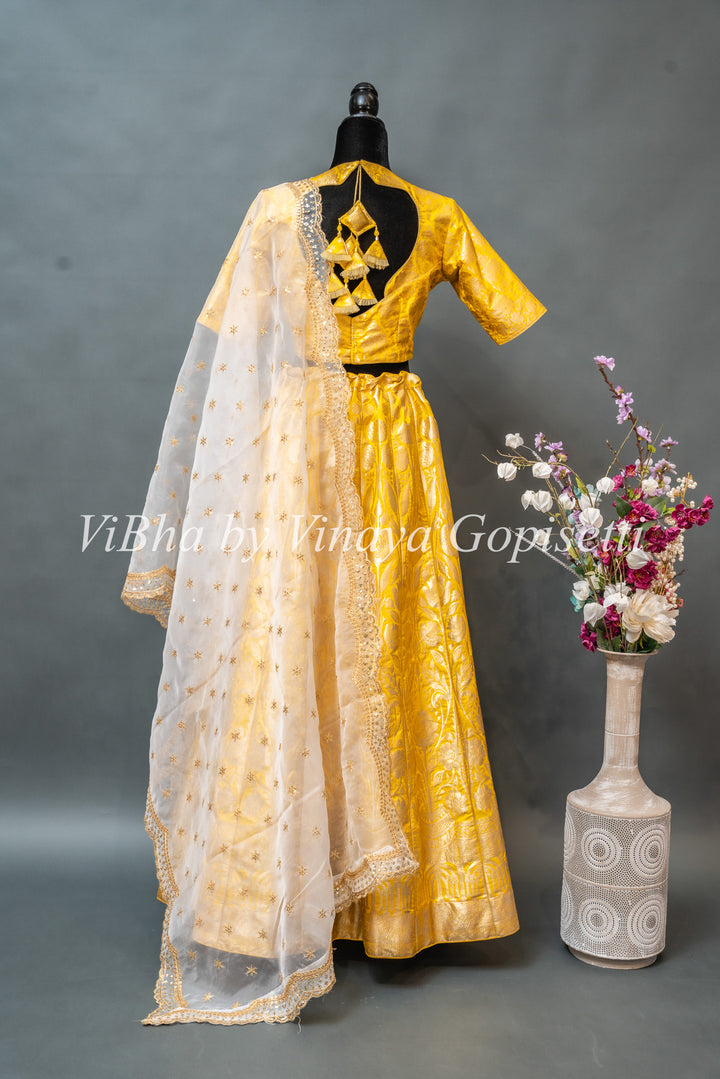 Yellow and White Banarasi Silk Lehenga With White Dupatta
