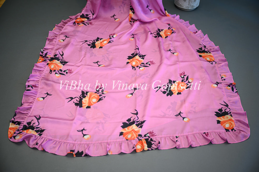 Light Purple Floral Saree With Ruffle Borders And Contrast White Blouse