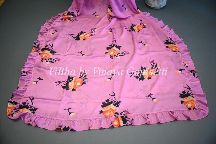 Light Purple Floral Saree With Ruffle Borders And Contrast White Blouse