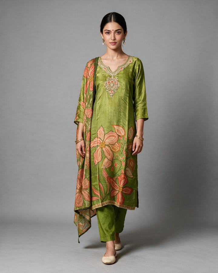 Parrot Green Floral Salwar Suit Set