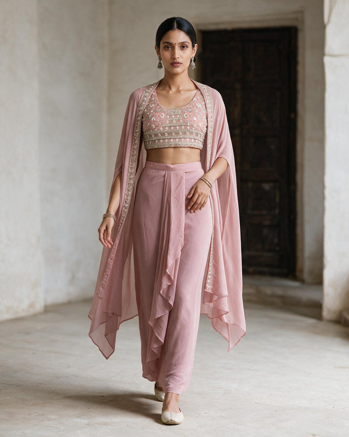Dusty Rose Embellished Fusion Draped Skirt Set