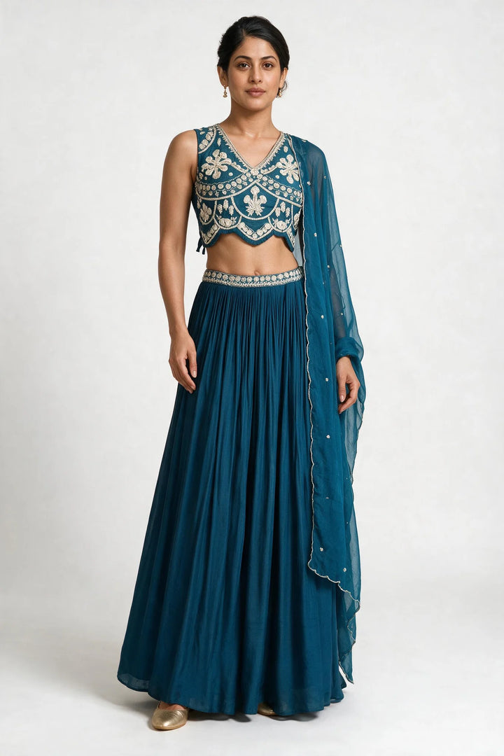 Teal Blue &amp; Ivory Embroidered Lehenga Set
