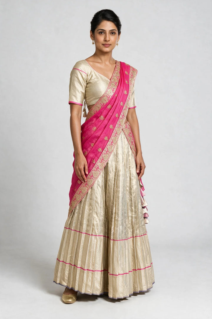 Ivory &amp; Rani Pink Embroidered Half Saree Set