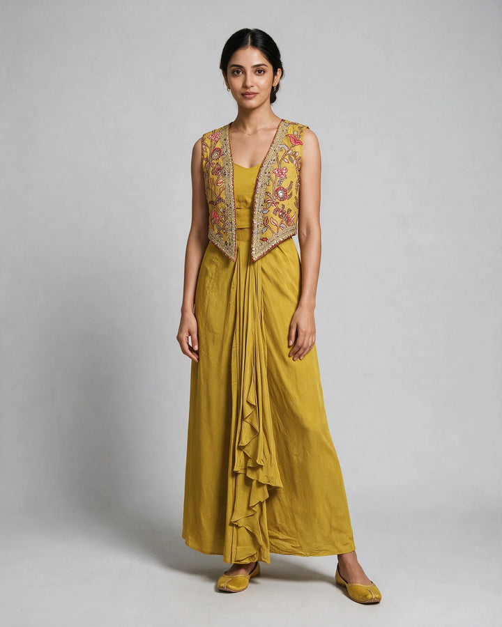 Mustard Yellow Floral Jacket Fusion Draped Skirt Set