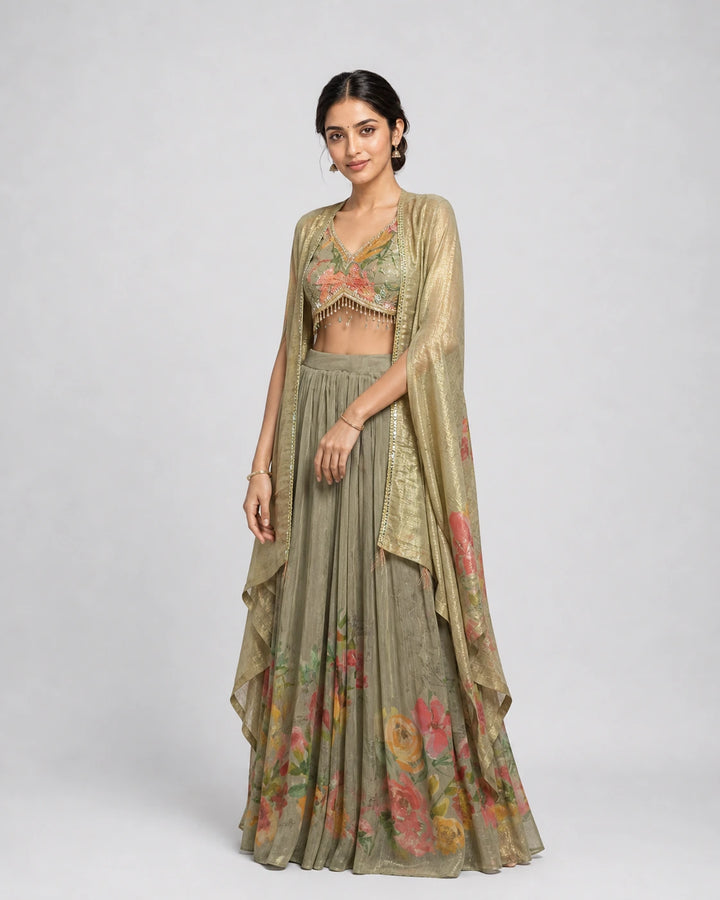 Champagne Beige Floral Embellished Lehenga Set