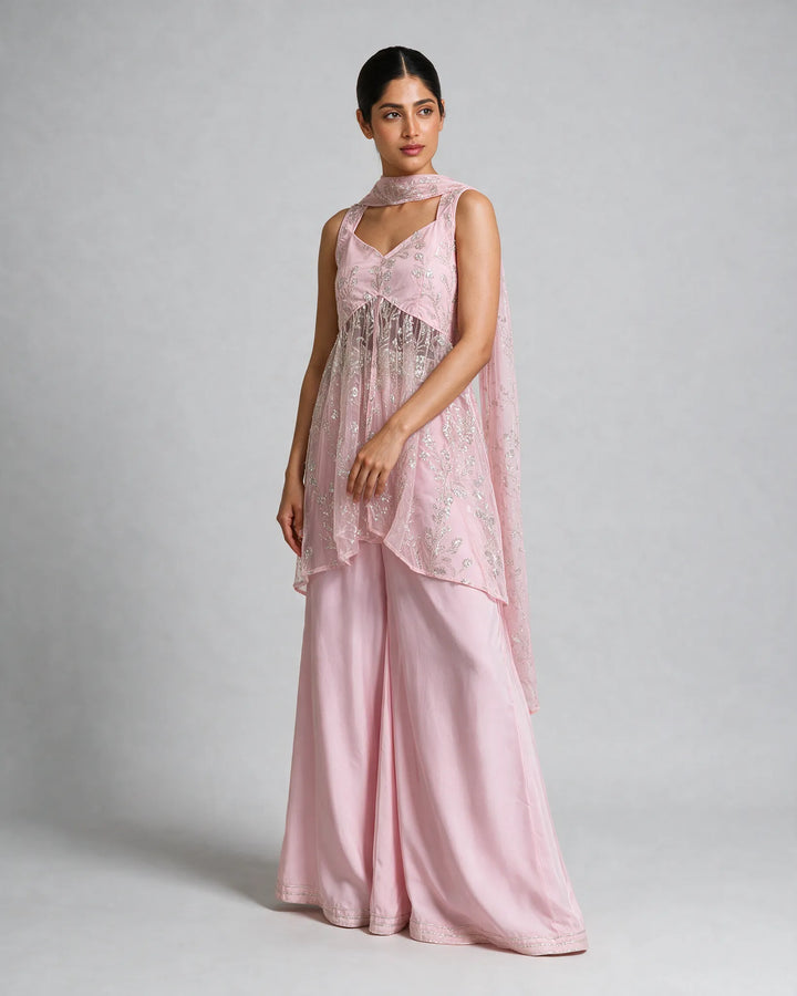 Baby-Pink Sharara with Silver Sequins Embroidery