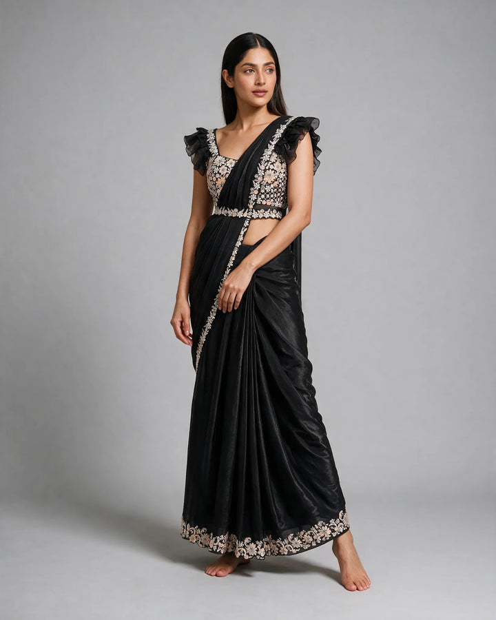 Black Embroidered Pre- Pleated Saree And Blouse