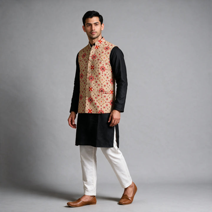 Beige Handloom Cotton Patola Vest