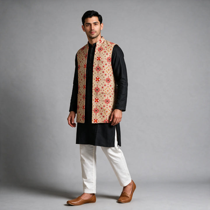 Beige Handloom Long Length Cotton Patola Vest