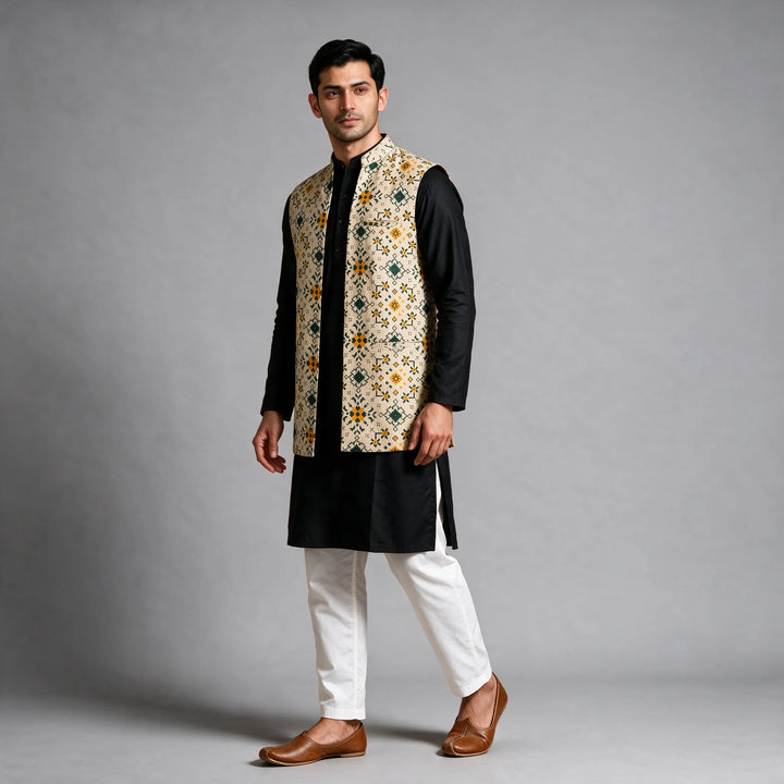 Beige and Green Handloom Long Length Cotton Patola Vest