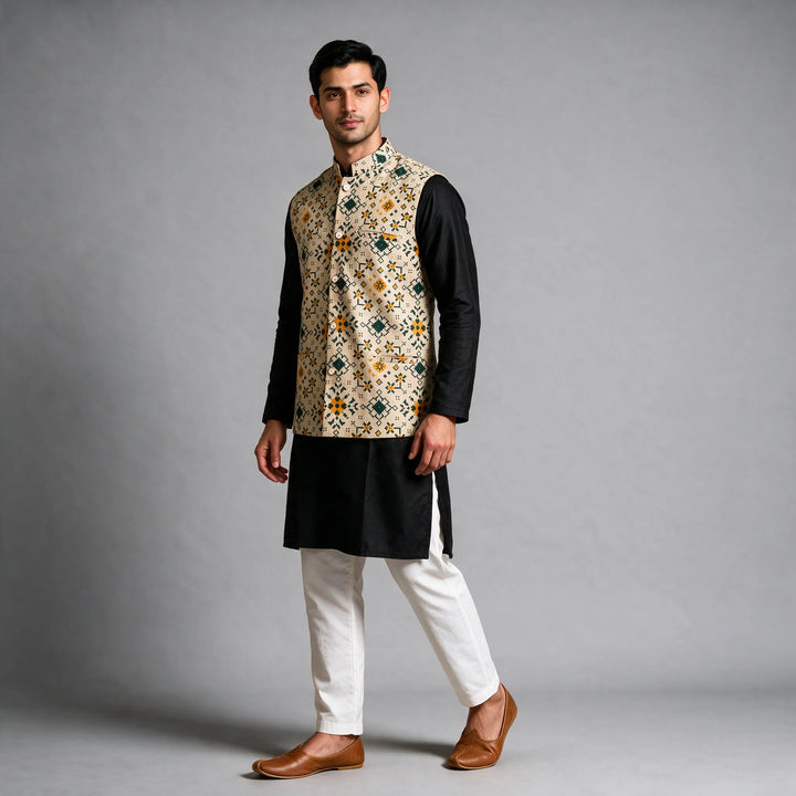 Beige and green Handloom Cotton Patola Vest