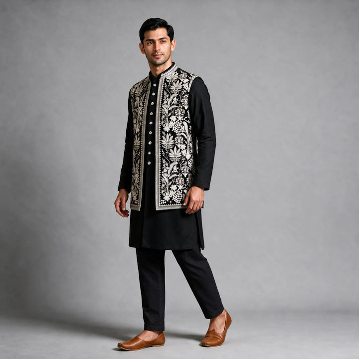 Black Embroidered 3-Piece Mens Kurta Set