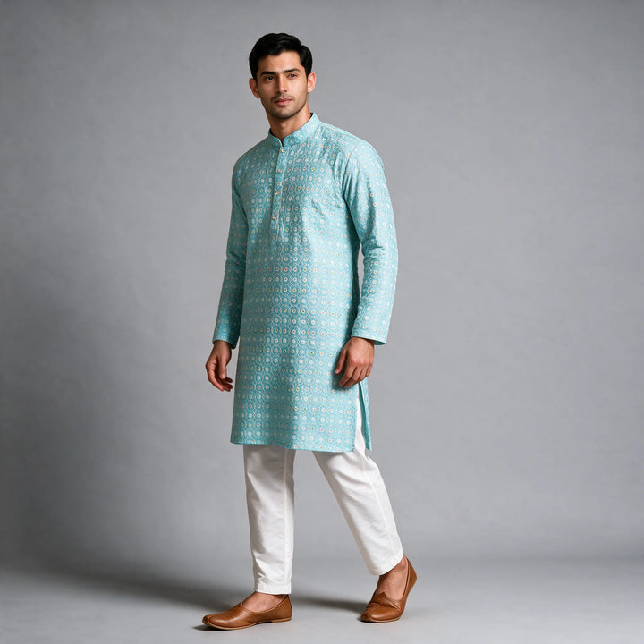 Blue Floral Thread Embroidered Kurta with Bottom