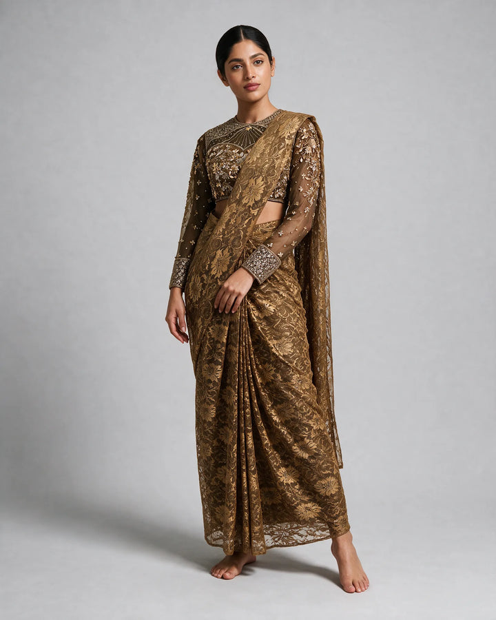 Dark Gold Brasso wrap-around style draped Ready-to-wear Saree with Embroidered Full-sleeve Blouse