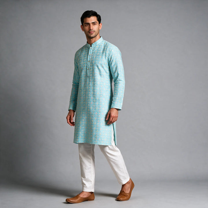 Dark Sky Blue Floral Thread Embroidered Kurta with Bottom