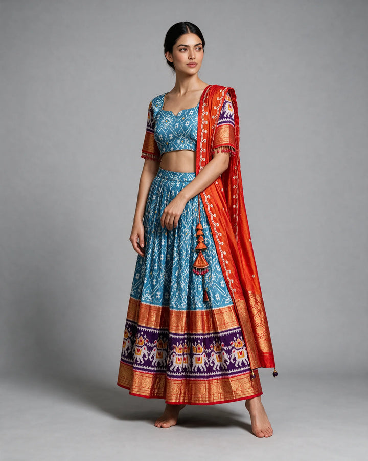 Blue and Orange Patola Silk Lehenga set
