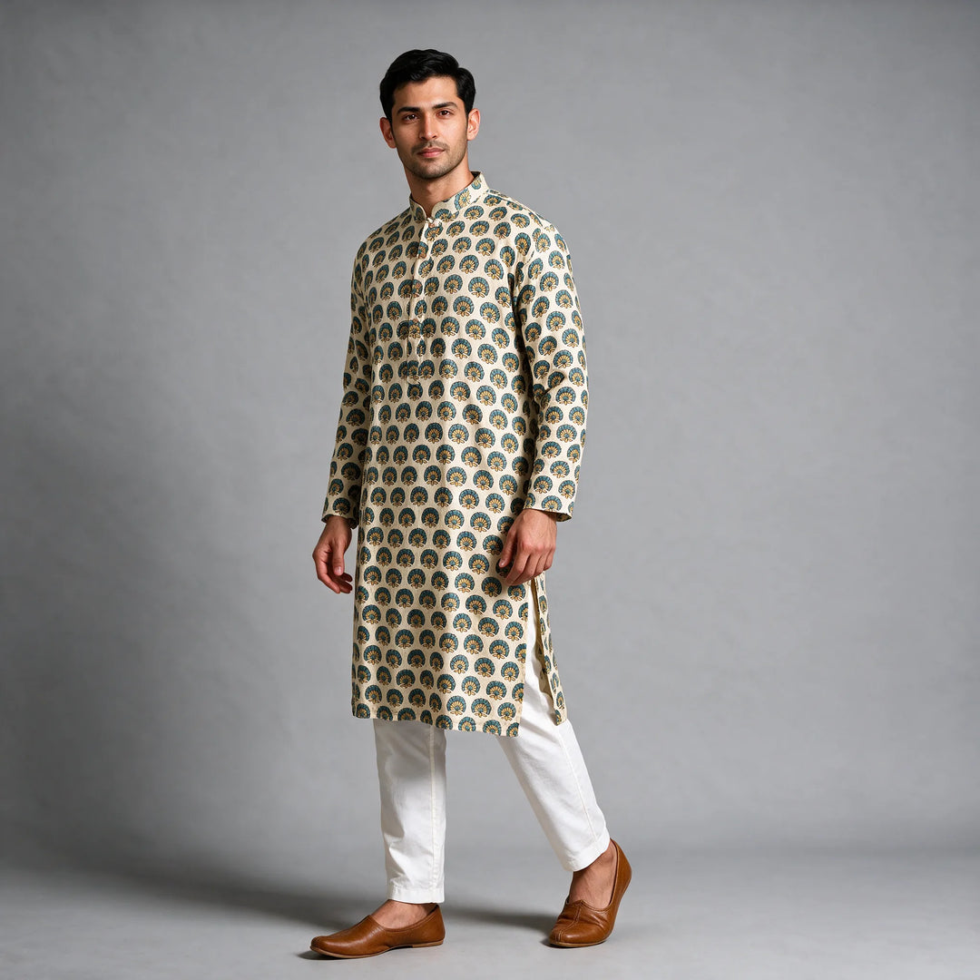 Gaji Silk Flower Motif Ajrakh Block Print Kurta