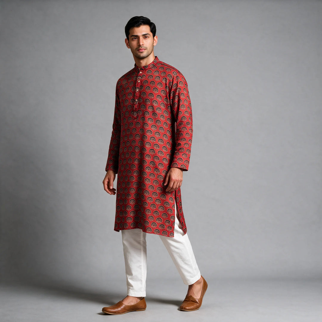 Gaji Silk Flower Motif Ajrakh Block Print Kurta
