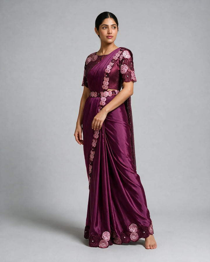 Plum color Wrap-around style draped Ready-to-wear Saree with Embroidered borders, Blouse and Belt