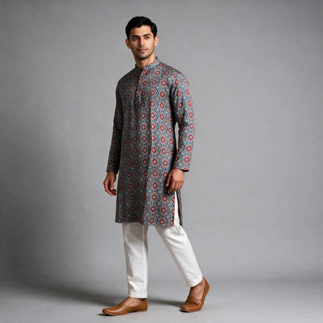 Gaji-Silk Ajrakh Block Print Kurta