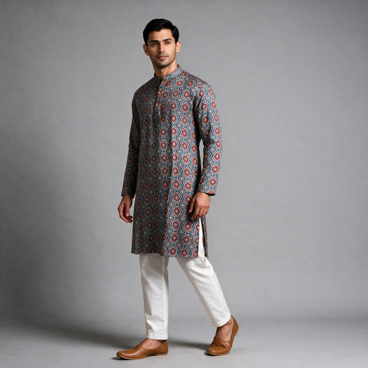 Gaji-Silk Ajrakh Block Print Kurta