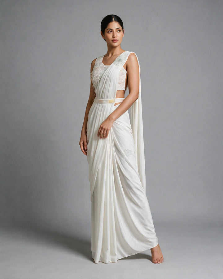 White Wrap-around Draped-style Ready-to-wear Saree with Hand-Embroidered blouse and Belt