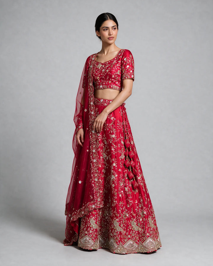 Crimson Red Embroidered Lehenga Set With Net Dupatta