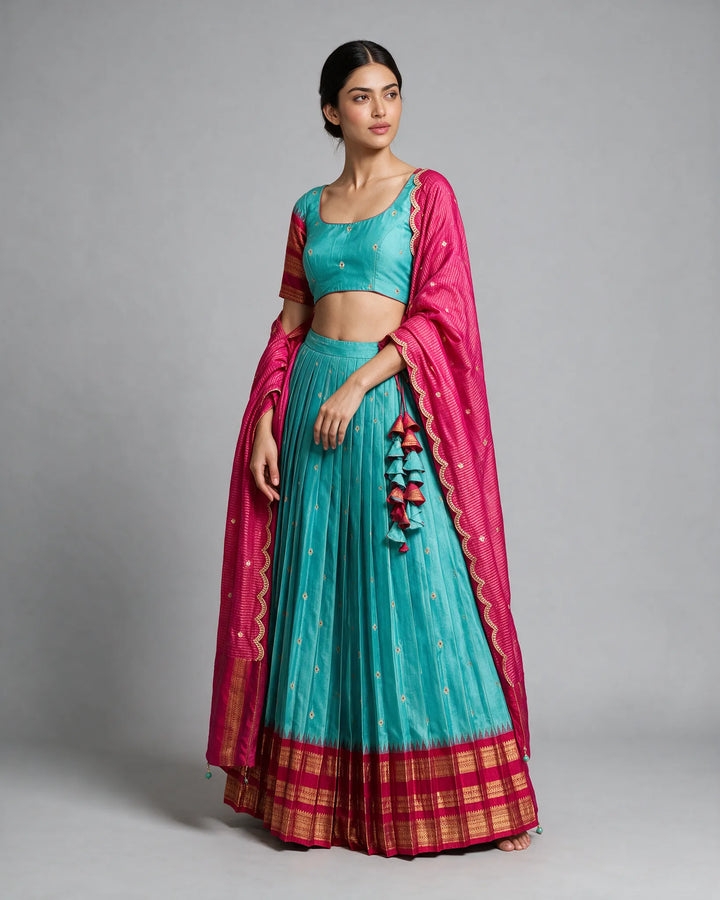 Cyan and Pink Gadwal Handloom-Silk Lehenga